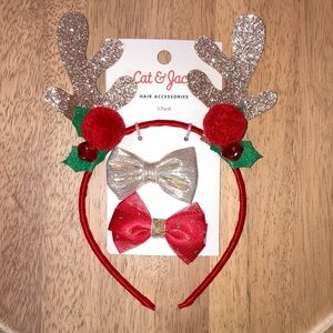 🆕 NWT - Cat & Jack - Gold and Red Reindeer Headband with Bow Clips